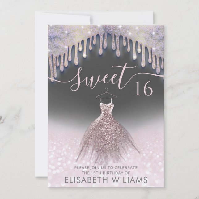 Girly chic Kleid Tropfen Rose gold glittery ombre  Einladung (Vorderseite)