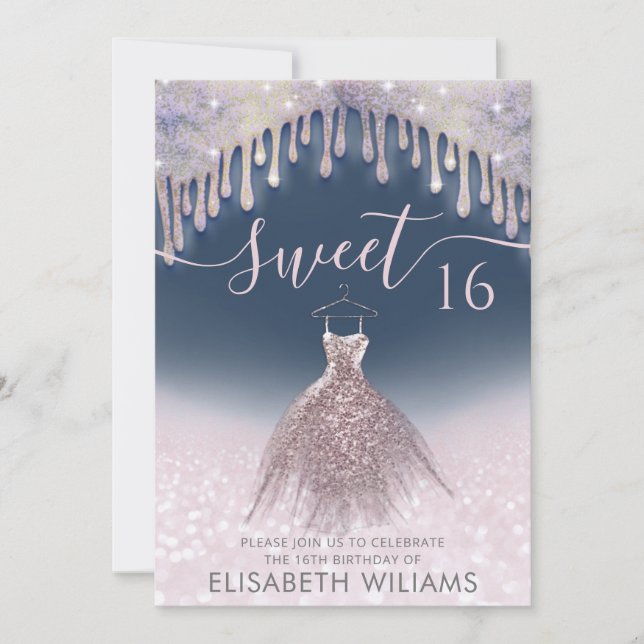 Girly chic Kleid Tropfen Rose gold glittery ombre  Einladung (Vorderseite)