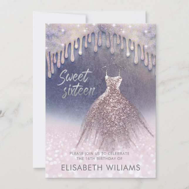 Girly chic Kleid Tropfen Rose gold glittery ombre  Einladung (Vorderseite)