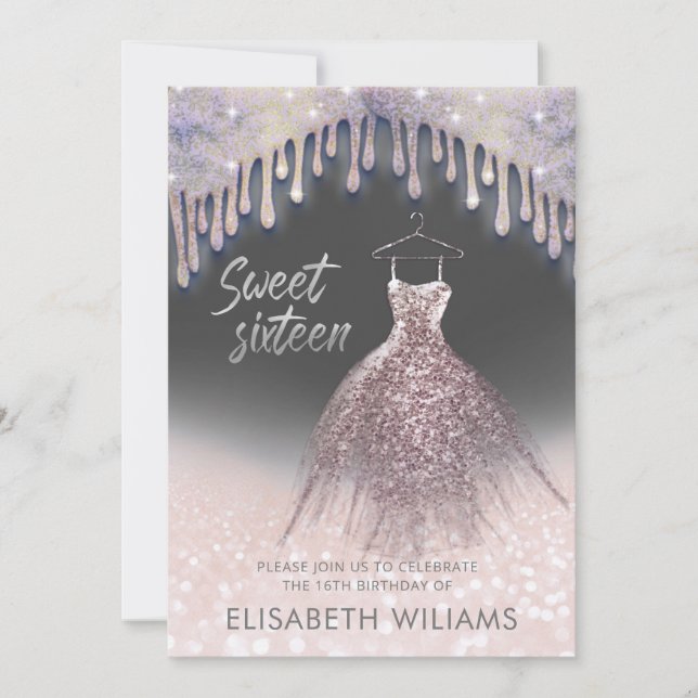 Girly chic Kleid Tropfen Rose gold glittery ombre Einladung (Vorderseite)