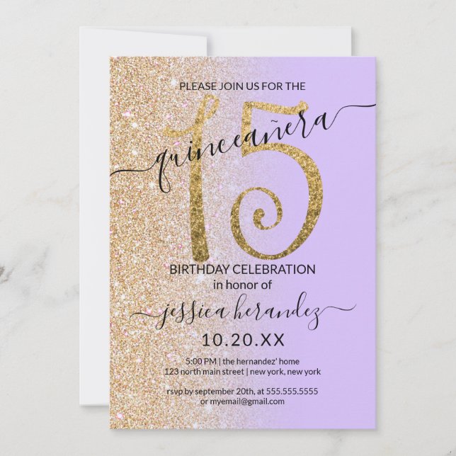 Girly Chic Lavender Gold Glitzer Ombre Quinceañera Einladung (Vorderseite)