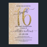 Girly Chic Lavender Gold Glitzer Ombre Sweet 16 Einladung<br><div class="desc">Diese hübsche 16 . Geburtstag-Geburtstagsfeier lädt zum Verweilen bei einer jungen Teenagertochter ein. Es verfügt über ein Imitat gedruckt funkelnd Gold Glitzer groß, "16", auf einem einfachen Pastelllavender lila und Imitate Gold Glitzer seitwärts Gradienten ombre Hintergrund. Es ist einfach, einzigartig, modern, hübsch und elegant! ***WICHTIGE HINWEIS FÜR DESIGN: Für individuelle...</div>