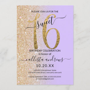 Girly Chic Lavender Gold Glitzer Ombre Sweet 16 Einladung
