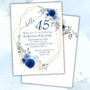 Girly Chic Navy Blue Floral 45. Geburtstag Einladung