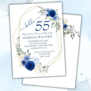Girly Chic Navy Blue Floral 55. Geburtstag Einladung
