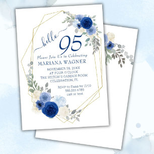 Girly Chic Navy Blue Floral 95. Geburtstag Einladung