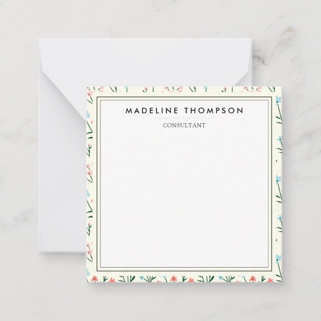 Girly Chic Pastel Pink Blue Flowers Pattern Square Mitteilungskarte (Vorderseite)