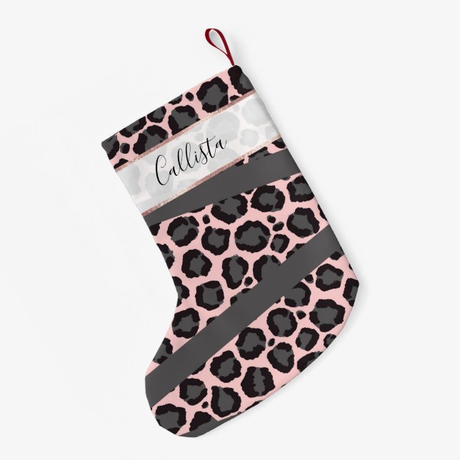 Girly Chic Pink Black Gray Leopard Cheetah Print Kleiner Weihnachtsstrumpf (Rückseite (Hängend))