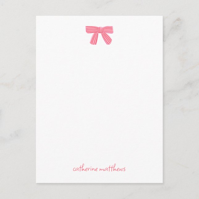 Girly Chic Pink Bow Custom Stationery Postkarte (Vorderseite)