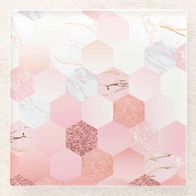 Girly Chic Pink Glitzer Marble Geometric Muster Glasuntersetzer (Vorderseite)