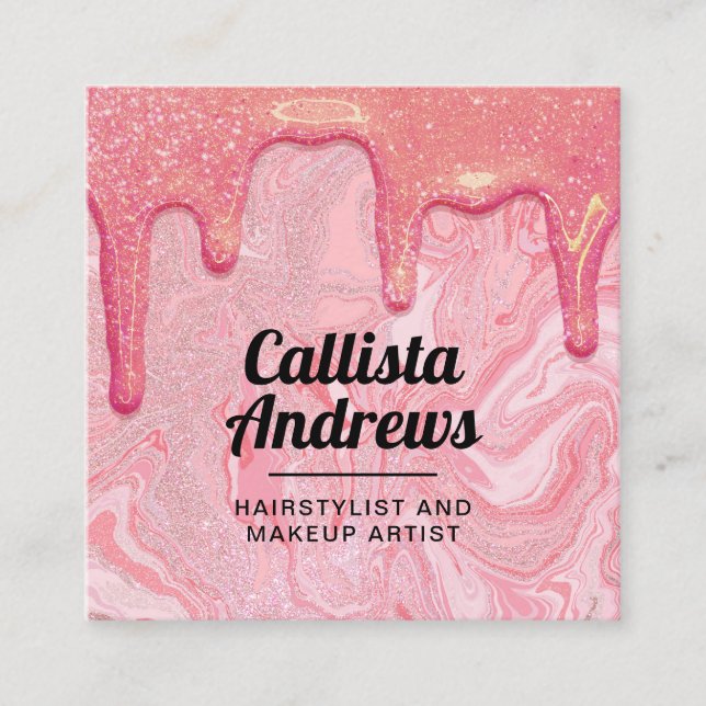 Girly Chic Pink Glitzer Marmor Tropfen Quadratische Visitenkarte (Vorderseite)