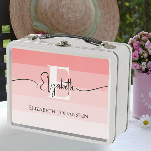 Girly Chic Rosa Streifen Monogramm Schrift Name Metall Brotdose