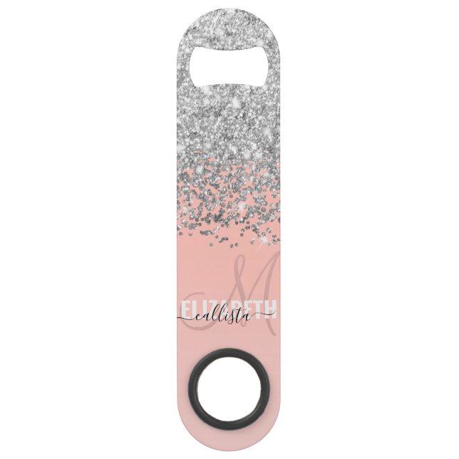 Girly Chic Silver Confetti Pink Gradient Monogram Speed Flaschenöffner (Vorderseite)