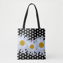 Girly Chic White Polka Dots Black Daisy Tote Bag