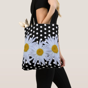 Girly Chic White Polka Dots Black Daisy Tote Bag