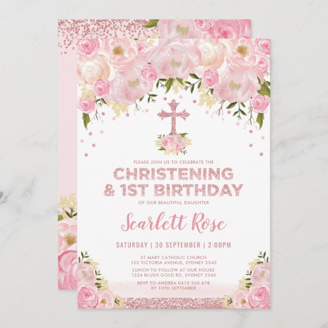 Girly Christening 1. Geburtstag Rose Gold Blush Einladung (Vorne/Hinten)