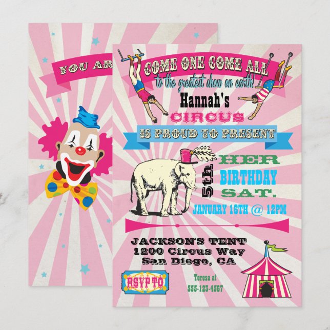 GIrly Circus Poster Style Party Einladungen (Vorne/Hinten)