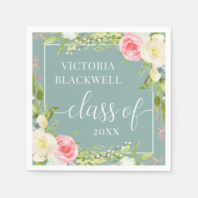Girly Class of 2022 Greenery Blume Abschluss Serviette (Vorderseite)