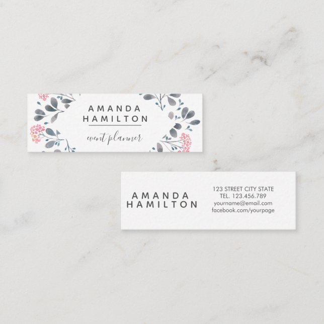 Girly Classy Watercolor Rahmen Bouquet pink grau Mini Visitenkarte (Vorne/Hinten)