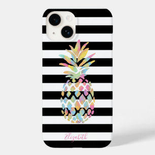 Girly Colorful Ananas, Schwarz-weiße Streifen Case-Mate iPhone 14 Hülle