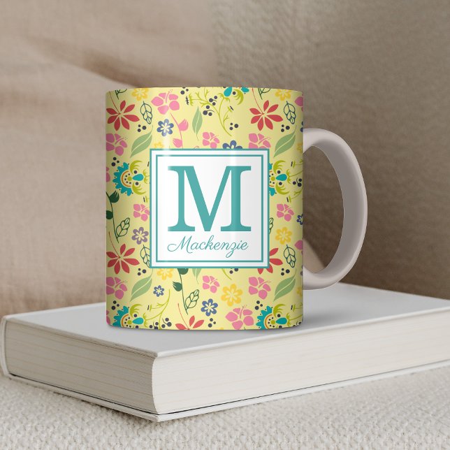 Girly Colorful Boho Spring Flowers Monogram Kaffeetasse (Girly Colorful Boho Spring Flowers Monogram Coffee Mug)