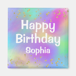 Girly Colorful Happy Birthday Unicorn Gold Glitzer Magnet