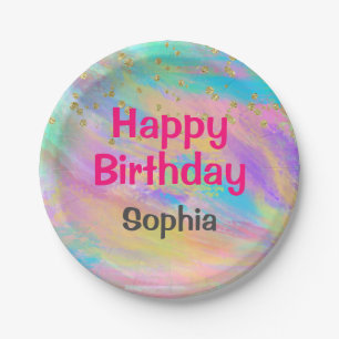 Girly Colorful Happy Birthday Unicorn Gold Glitzer Pappteller