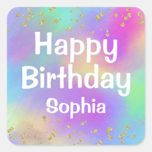 Girly Colorful Happy Birthday Unicorn Gold Glitzer Quadratischer Aufkleber