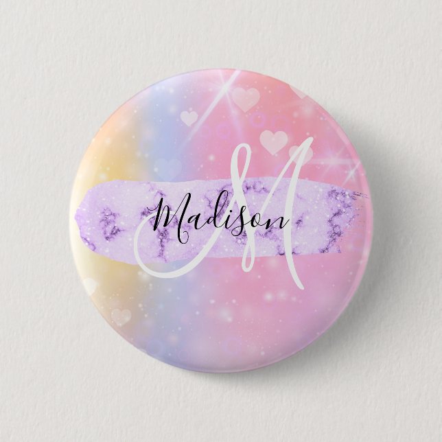 Girly Colorful Unicorn Rainbow Hearts Monogram Button (Vorderseite)