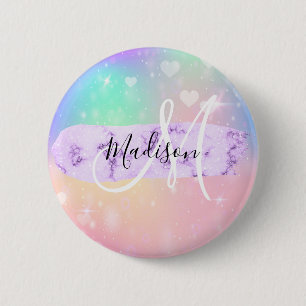 Girly Colorful Unicorn Rainbow Hearts Monogram Button
