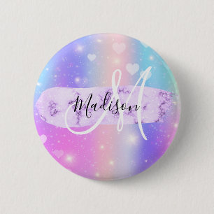 Girly Colorful Unicorn Rainbow Hearts Monogram Button