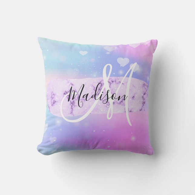 Girly Colorful Unicorn Rainbow Hearts Monogram Kissen (Vorderseite)