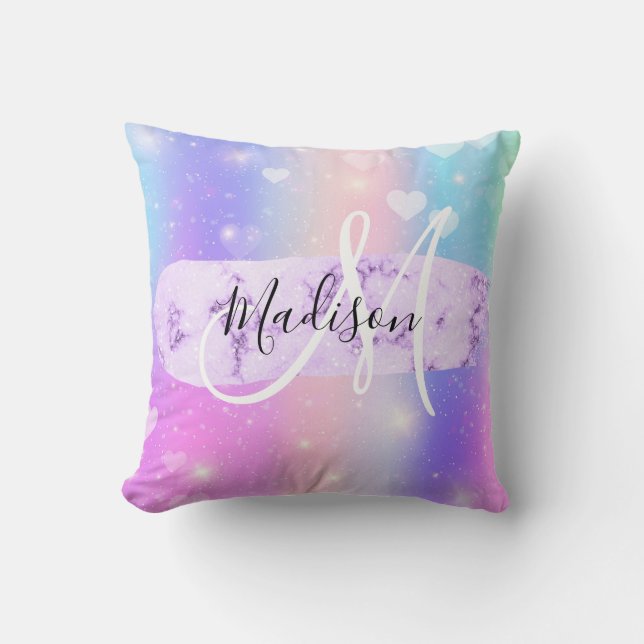 Girly Colorful Unicorn Rainbow Hearts Monogram Kissen (Vorderseite)