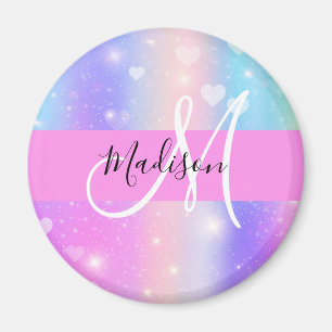 Girly Colorful Unicorn Rainbow Hearts Monogram Magnet