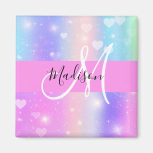 Girly Colorful Unicorn Rainbow Hearts Monogram Magnet