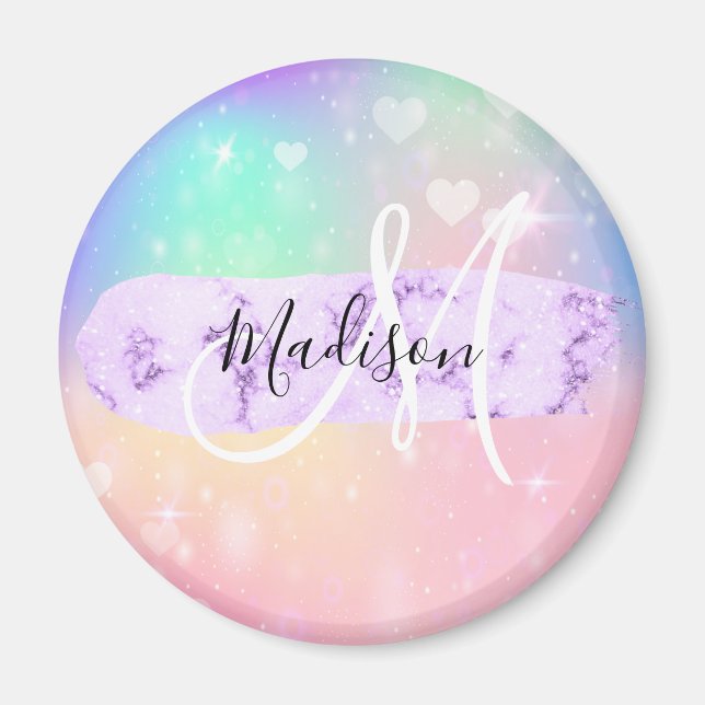 Girly Colorful Unicorn Rainbow Hearts Monogram Magnet (Vorne)