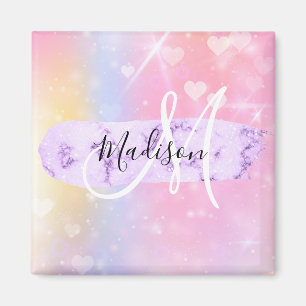 Girly Colorful Unicorn Rainbow Hearts Monogram Magnet