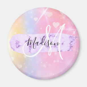 Girly Colorful Unicorn Rainbow Hearts Monogram Magnet