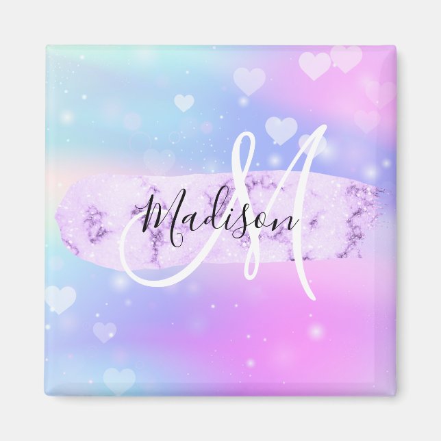 Girly Colorful Unicorn Rainbow Hearts Monogram Magnet (Vorne)