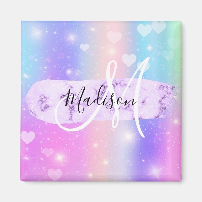 Girly Colorful Unicorn Rainbow Hearts Monogram Magnet (Vorne)