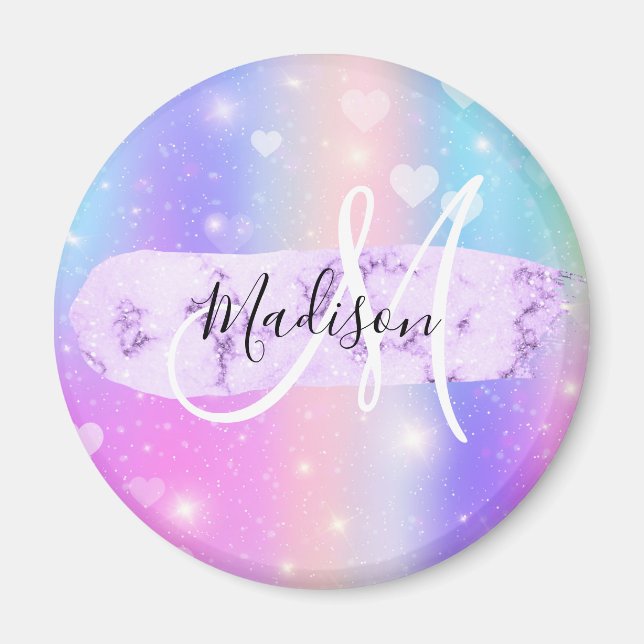 Girly Colorful Unicorn Rainbow Hearts Monogram Magnet (Vorne)