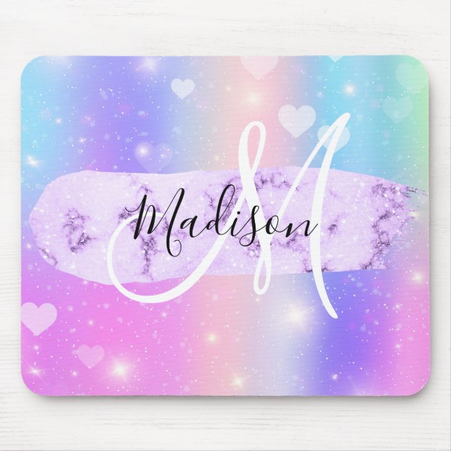 Girly Colorful Unicorn Rainbow Hearts Monogram Mousepad (Vorne)