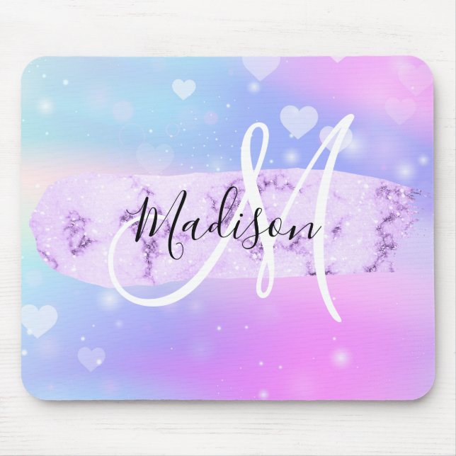 Girly Colorful Unicorn Rainbow Hearts Monogram Mousepad (Vorne)