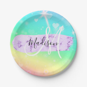 Girly Colorful Unicorn Rainbow Hearts Monogram Pappteller