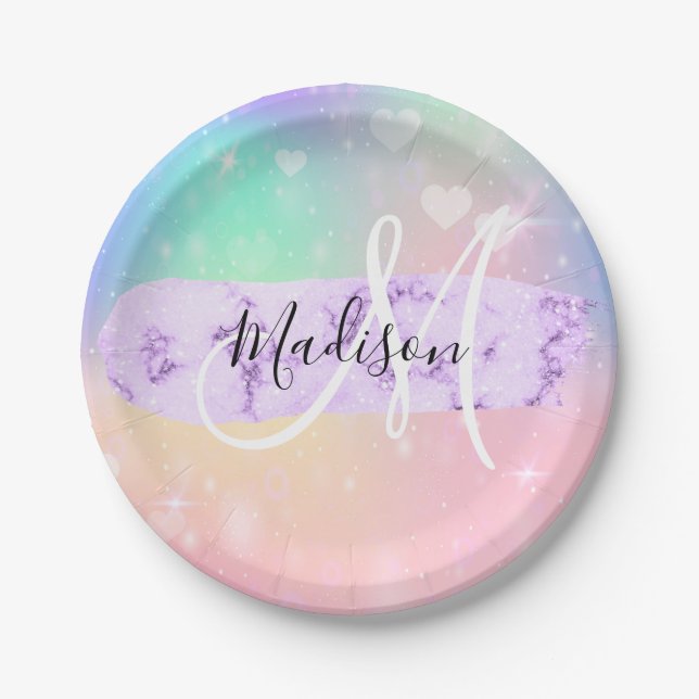Girly Colorful Unicorn Rainbow Hearts Monogram Pappteller (Vorderseite)