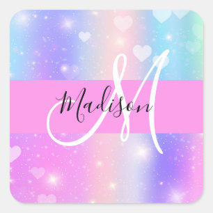 Girly Colorful Unicorn Rainbow Hearts Monogram Quadratischer Aufkleber