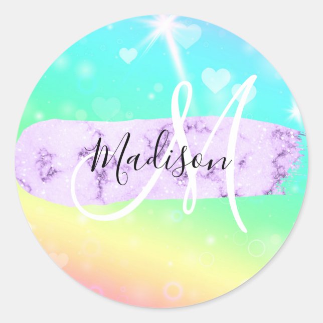 Girly Colorful Unicorn Rainbow Hearts Monogram Runder Aufkleber (Vorderseite)