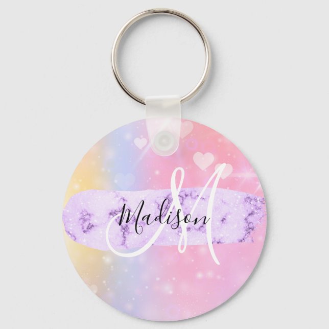Girly Colorful Unicorn Rainbow Hearts Monogram Schlüsselanhänger (Vorderseite)