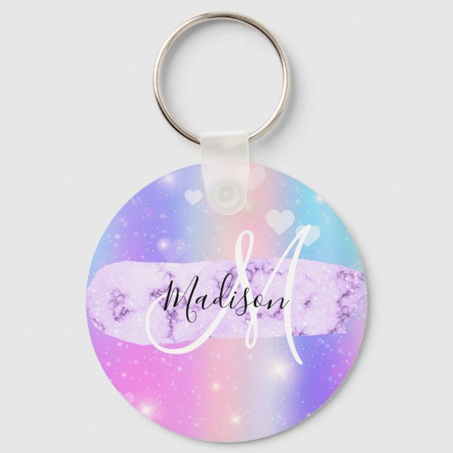 Girly Colorful Unicorn Rainbow Hearts Monogram Schlüsselanhänger (Vorderseite)