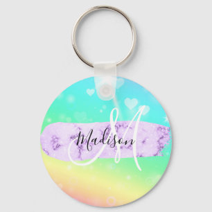 Girly Colorful Unicorn Rainbow Hearts Monogram Schlüsselanhänger